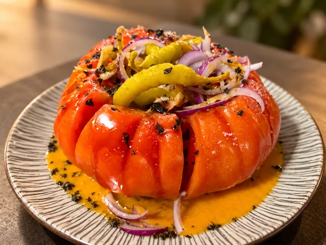 Tomate aliñado servido en un plato de cerámica
